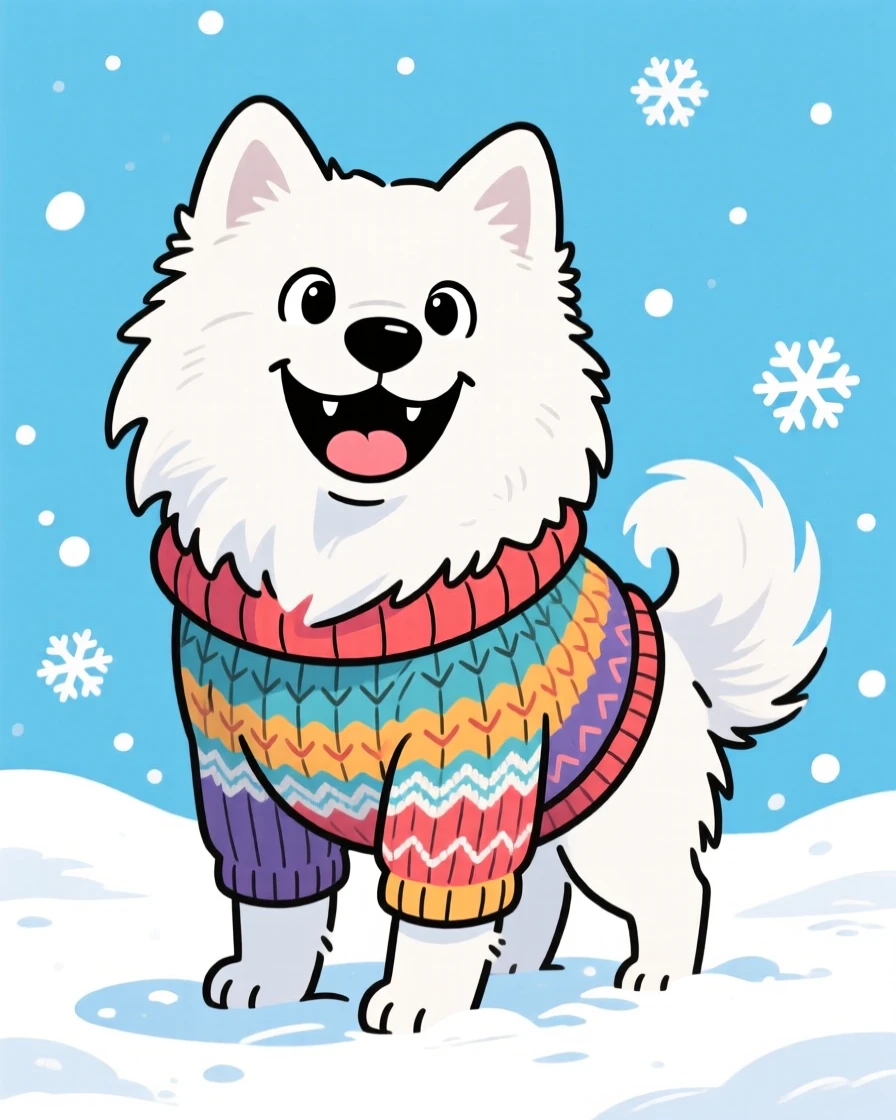 A playful pet moment featuring a fluffy white samoyed grinning with its signature smile while wearing a knitted sweater in the snow.