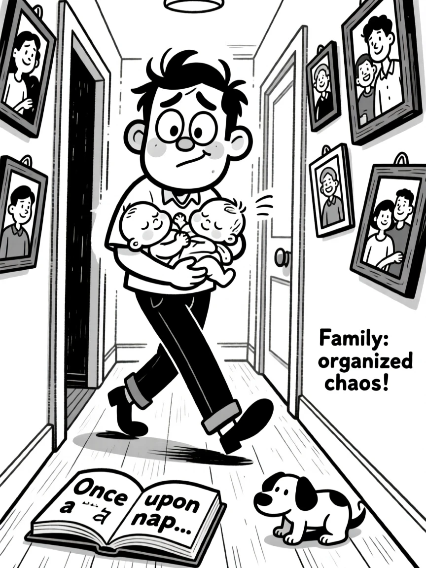 A tired but happy new dad cradling his newborn, tiptoeing quietly so as not to wake the baby, set in a hallway lined with crooked family photos. A dog-eared storybook lies open on the rug. The scene radiates the warm chaos of everyday family love.
