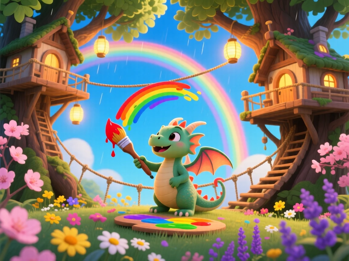 In a treehouse village strung with lanterns, a small dragon with tiny wings discovers a moment of wonder while painting rainbows across the sky, while a gentle breeze carries the scent of flowers.