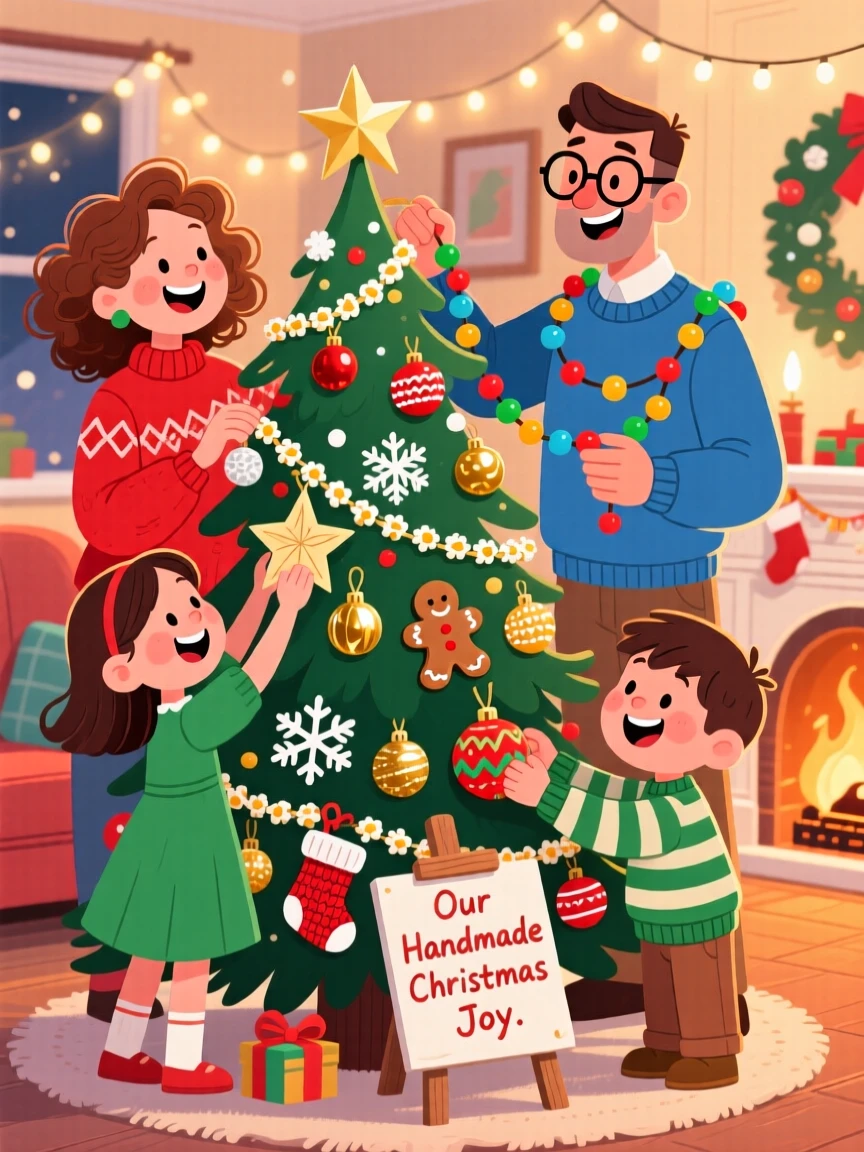 A family decorating a Christmas tree with handmade ornaments.