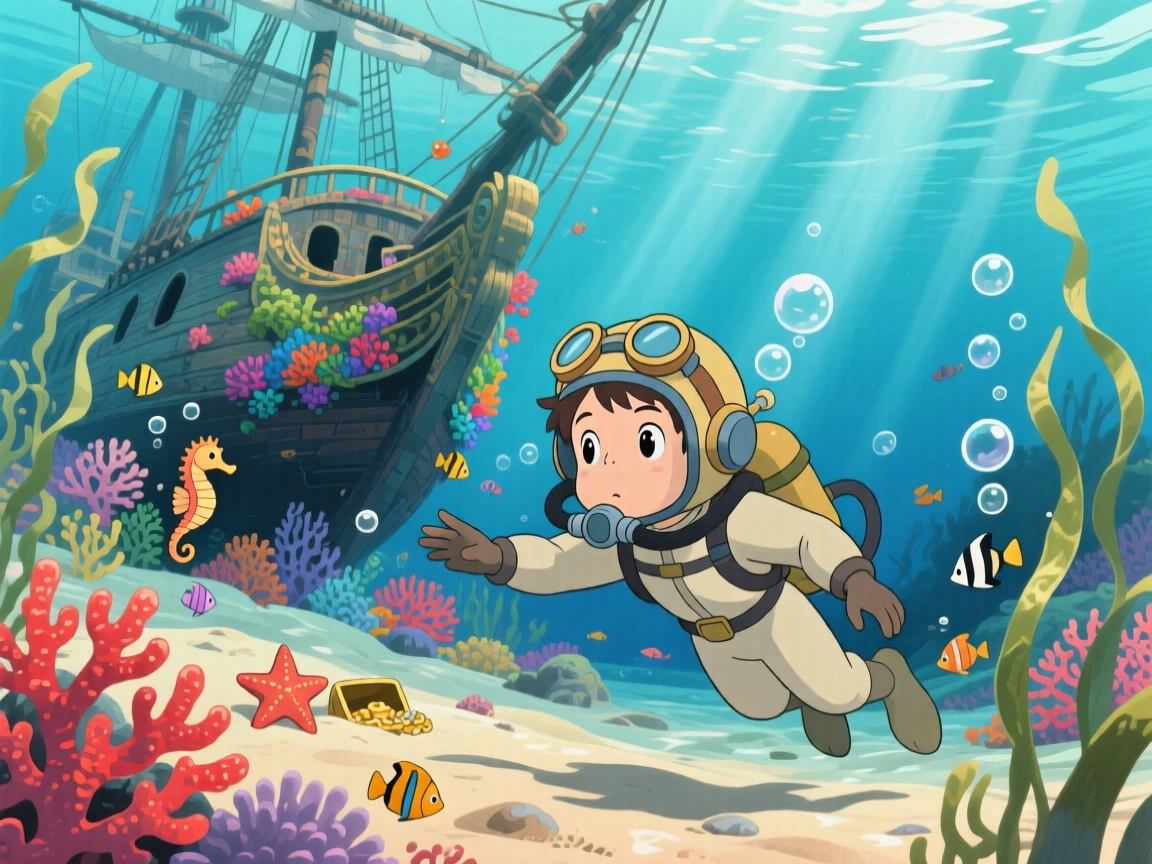 A diver discovering a sunken ship covered in coral, the moment brimming with discovery.