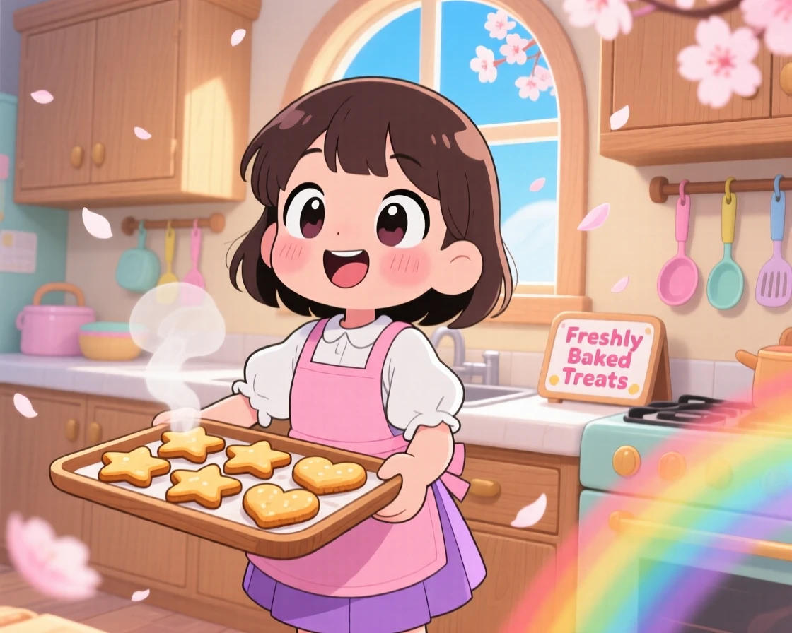 Worm's-eye view of a young girl, carrying a tray of freshly baked cookies, in a warm kitchen, as cherry blossom petals drift on the breeze, illuminated by bright rainbow-tinted light, radiating curious excitement.