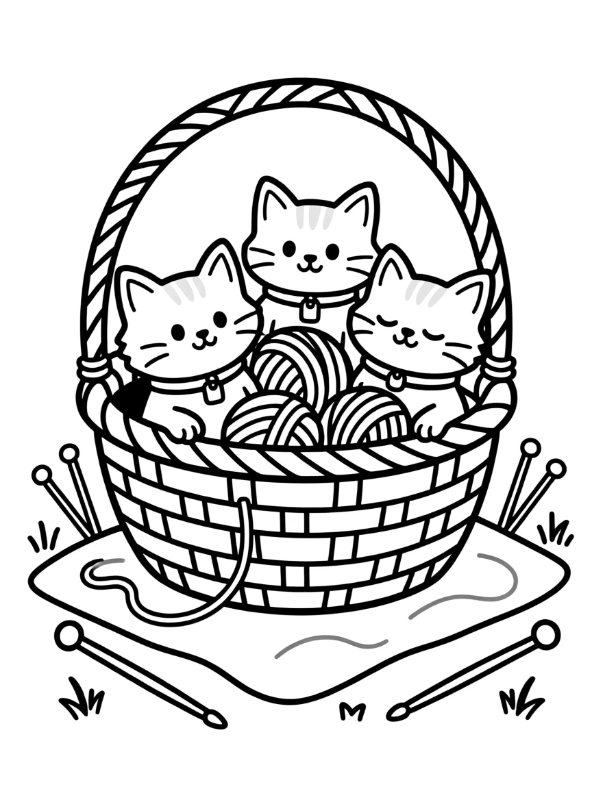 A litter of kittens peeking out of a basket of yarn