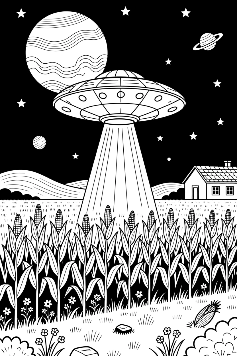 A UFO hovering above a quiet cornfield at night, with the curve of a planet visible on the horizon.