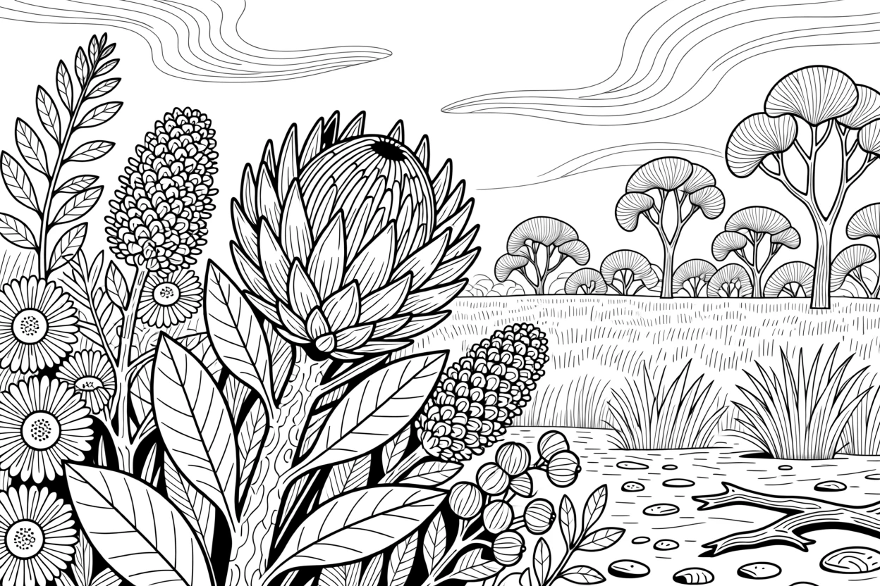 A cluster of proteas and native flowers in an Australian bushland scene.