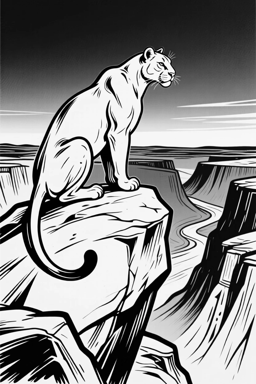 A mountain lion perched on a boulder overlooking a canyon at dusk.