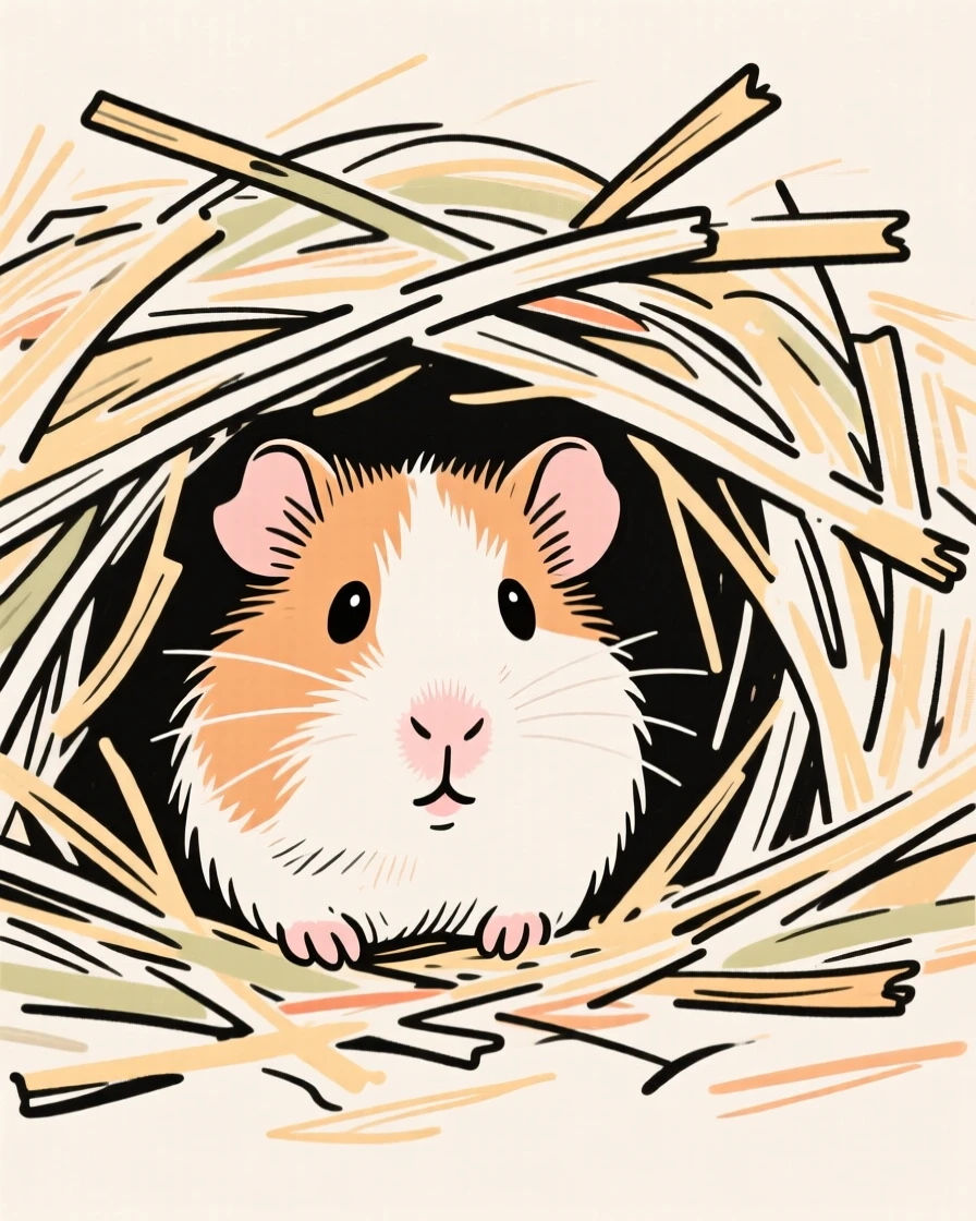 A guinea pig peeking out from beneath a pile of soft hay.
