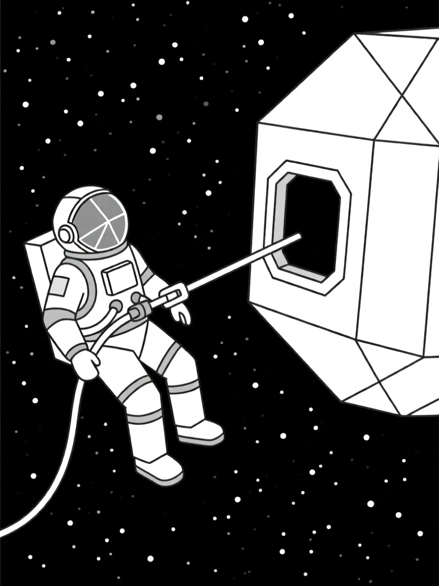 An astronaut tethered outside a space capsule