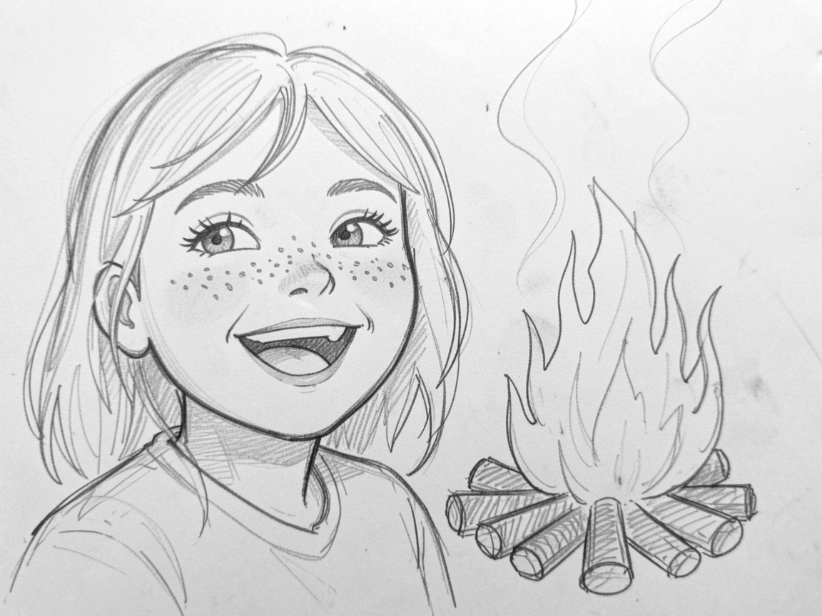Close-up portrait of a joyful little girl with freckles beside a crackling campfire, laughing with pure delight.