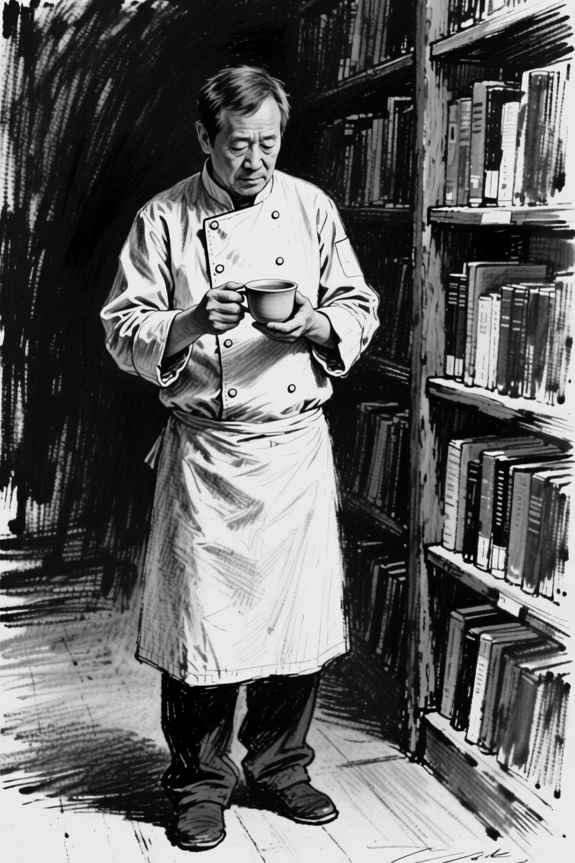 A chef holding a cup of tea with both hands, lost in memory, in a quiet library.