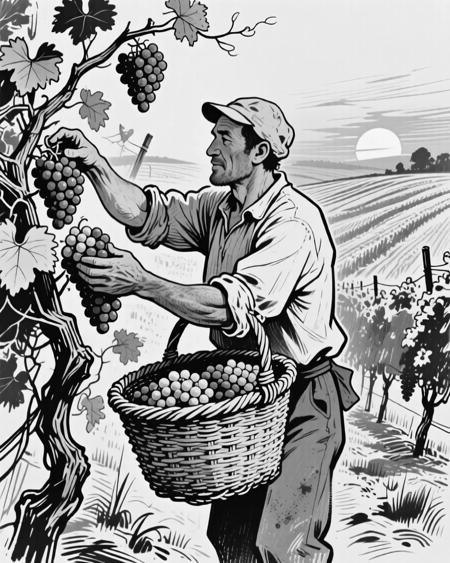 A vineyard worker harvesting bunches of grapes into a woven basket at sunset.