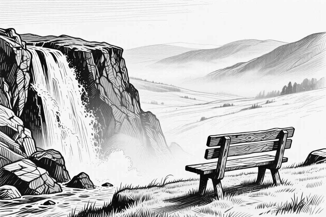 A cascading waterfall as fog rolls slowly across the valley, with a single wooden bench overlooking the view, evoking a serene and contemplative atmosphere in a wide, balanced composition.