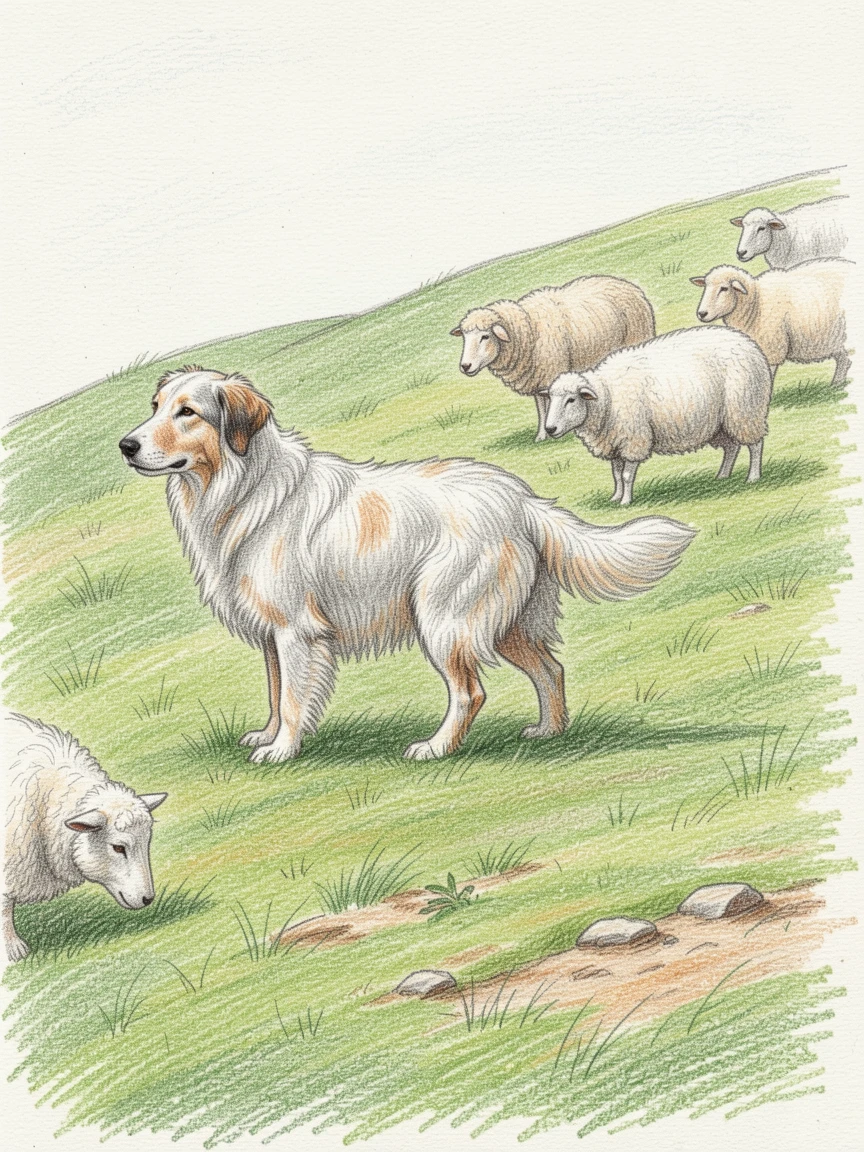 A fluffy sheepdog herding sheep across a rolling green hillside, with a sense of stillness and quiet trust in its posture, celebrating the simple beauty of the animal world.