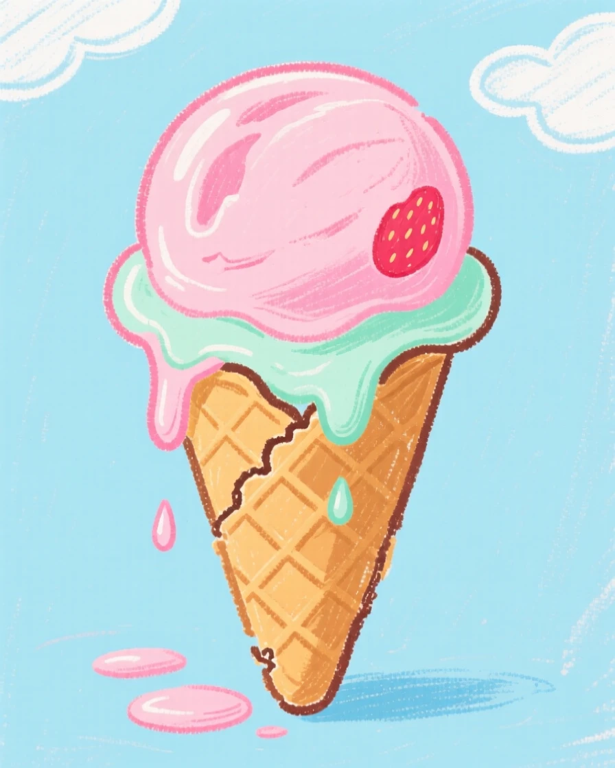 A scoop of ice cream melting slowly in a waffle cone.