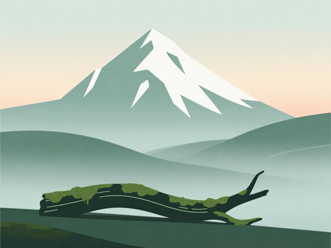 A snow-capped ridge, standing at the edge of a misty valley at dawn, with a fallen log covered in moss nearby, evokes raw natural power.