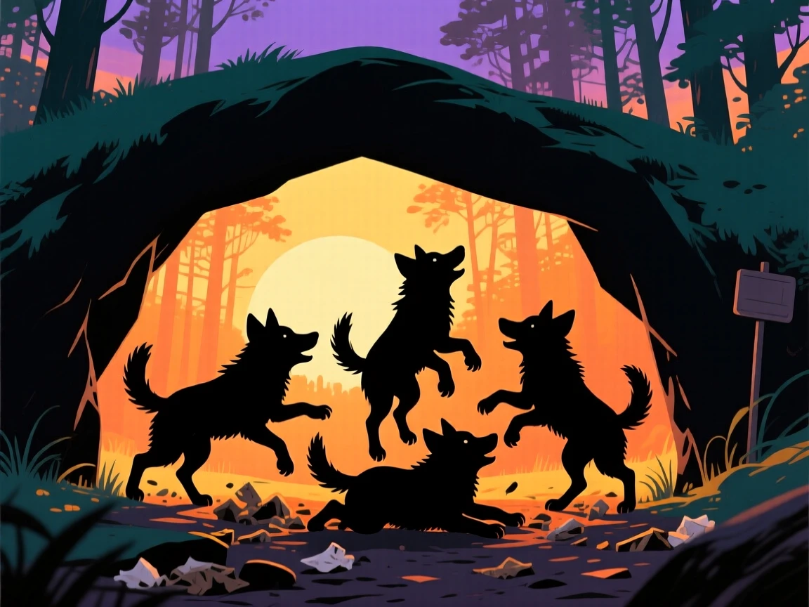 A litter of wolf pups tumbling and playing outside a den entrance.