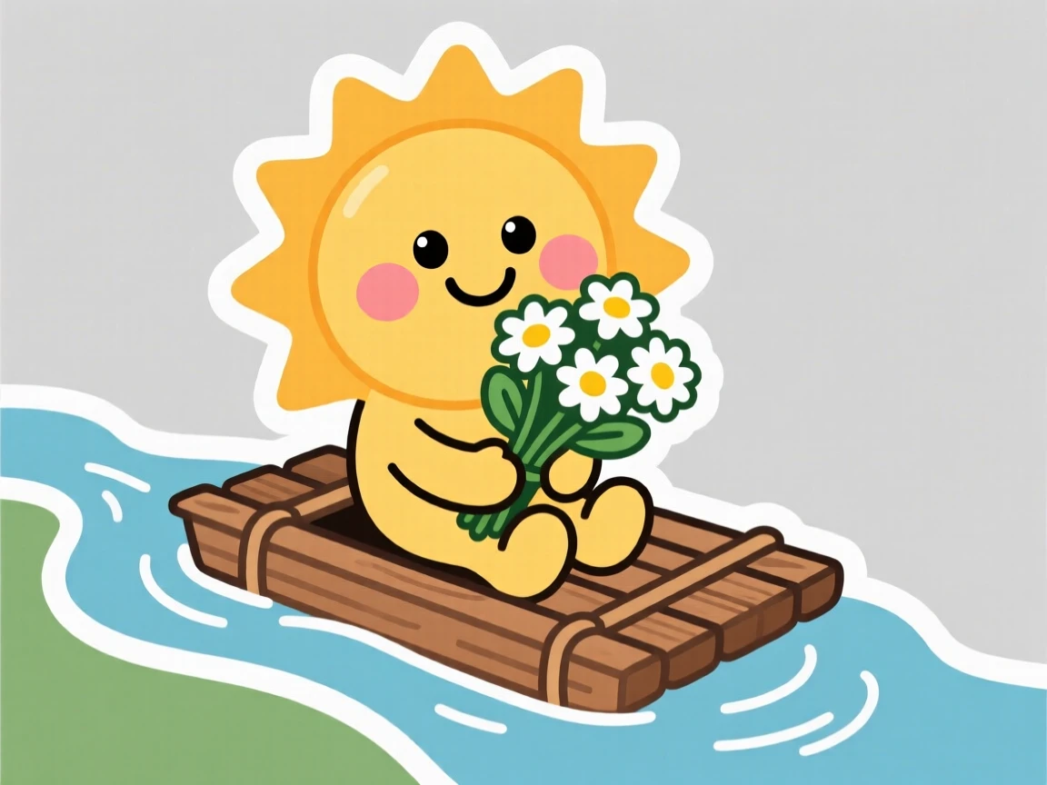 A blushing cheerful sun mascot holding a bouquet of daisies, on a raft drifting down a gentle stream.