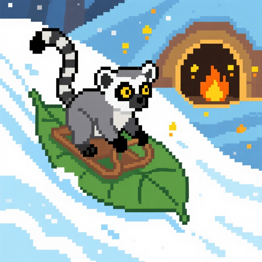 A wide-eyed lemur sledding down a snowy hill on a leaf, inside a cozy burrow lit by fireflies.