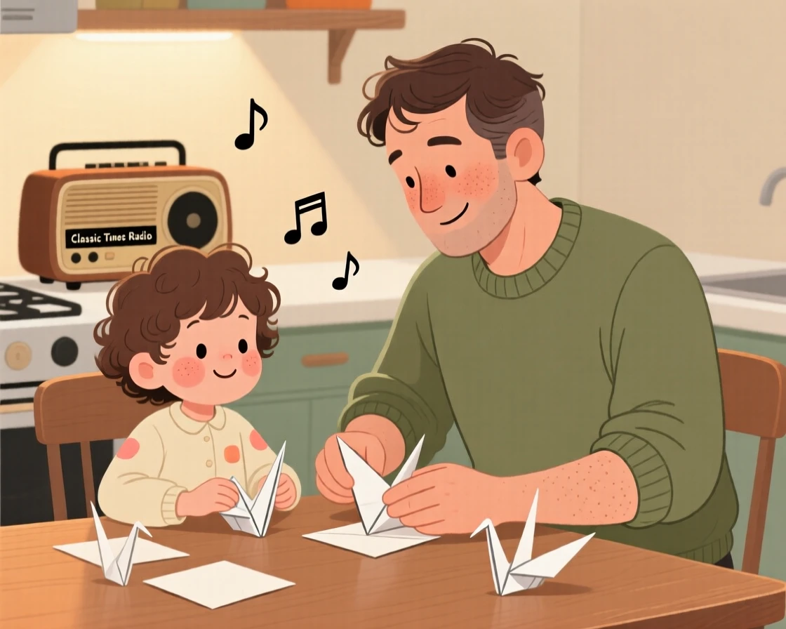 A father teaches a eager grandchild how to fold paper cranes at the kitchen table while the radio plays an old familiar tune, both focused and smiling.