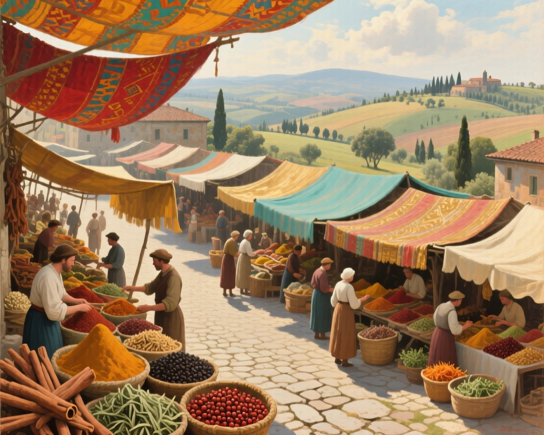 A sweeping aerial perspective of a bustling spice market beneath colorful woven awnings, in rural Tuscany, in a soft summer breeze.