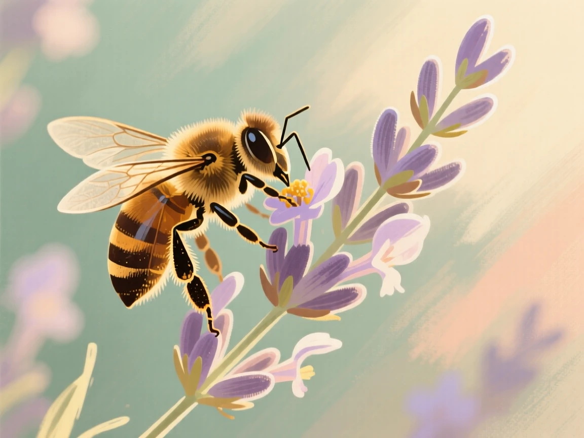 A close-up of a honeybee gathering pollen from a lavender bloom