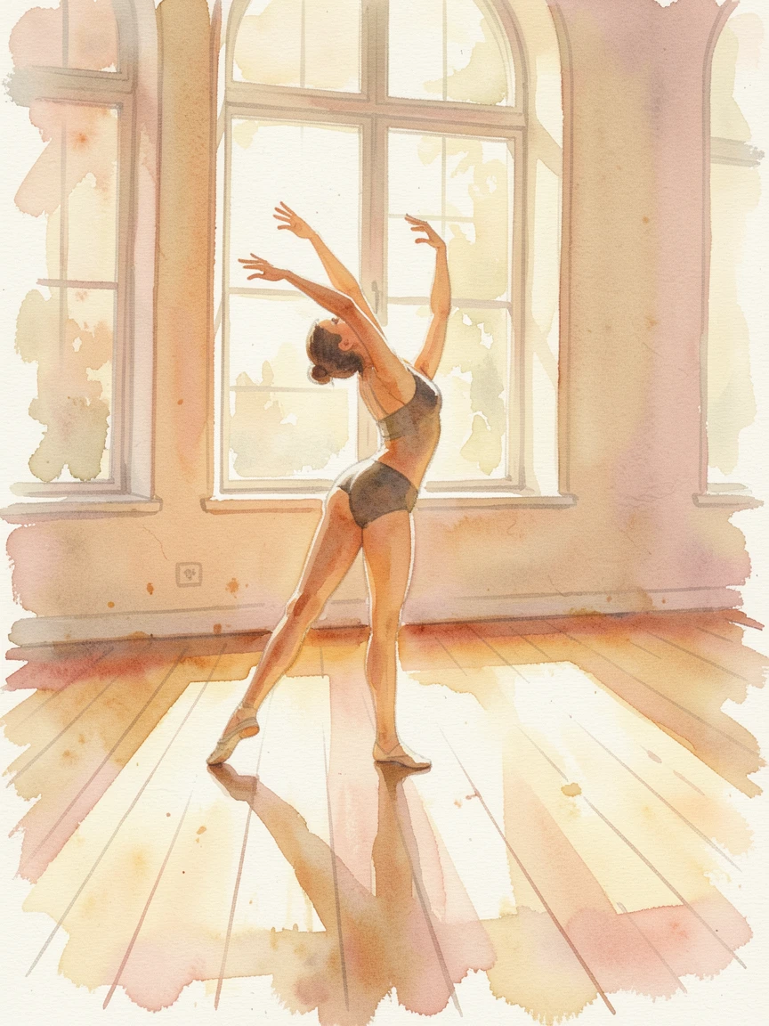 A dancer stretching in a sunlit studio with gentle shadows and warm tones.