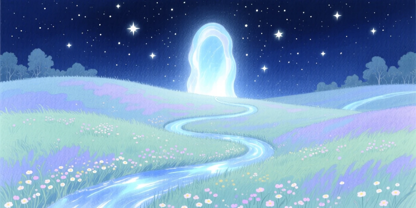 A dreamlike scene of a starlit portal meadow, where every path glimmers faintly with light, inviting quiet wonder and imagination