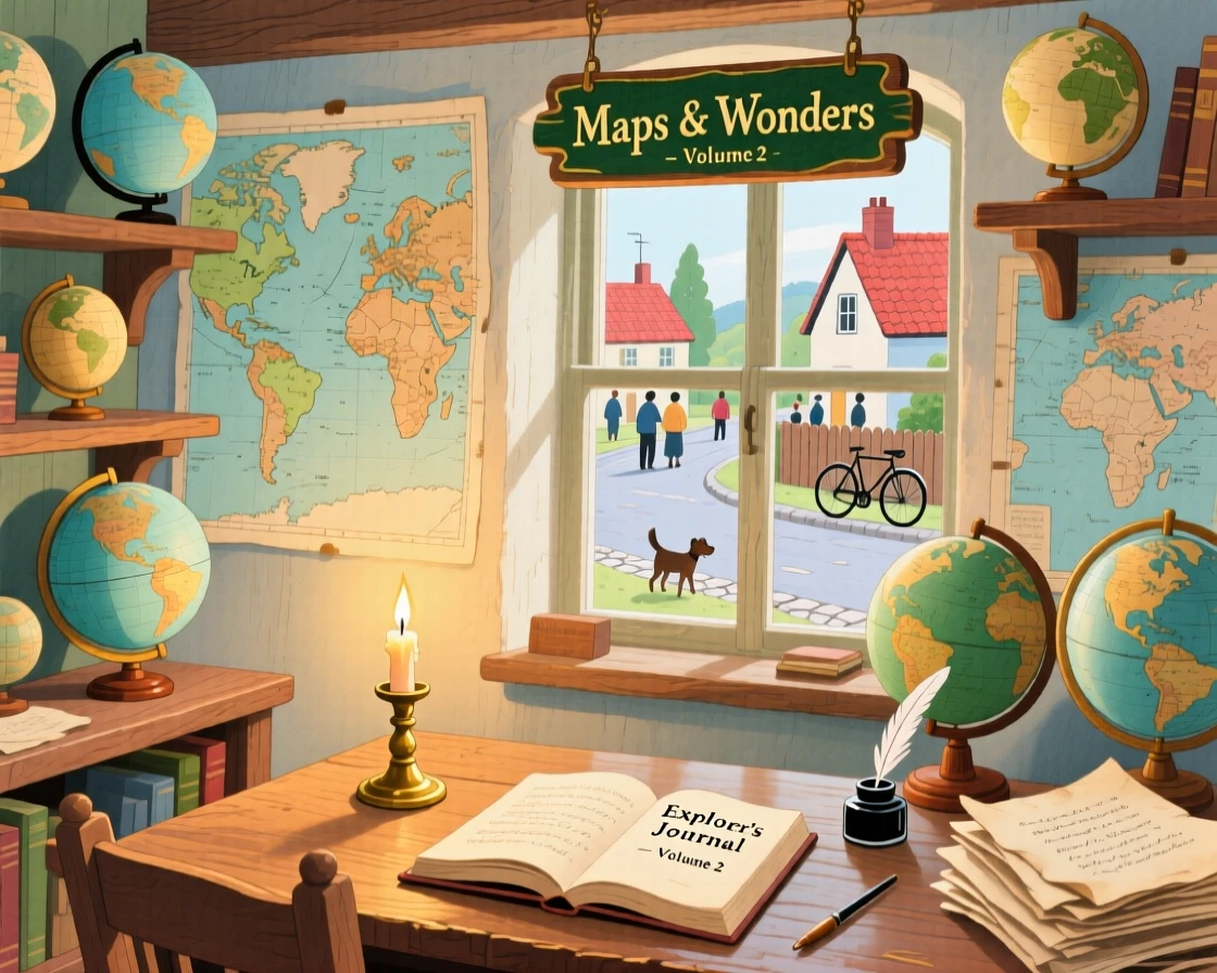 A candlelit study filled with old maps and globes, bustling gently with everyday village life.