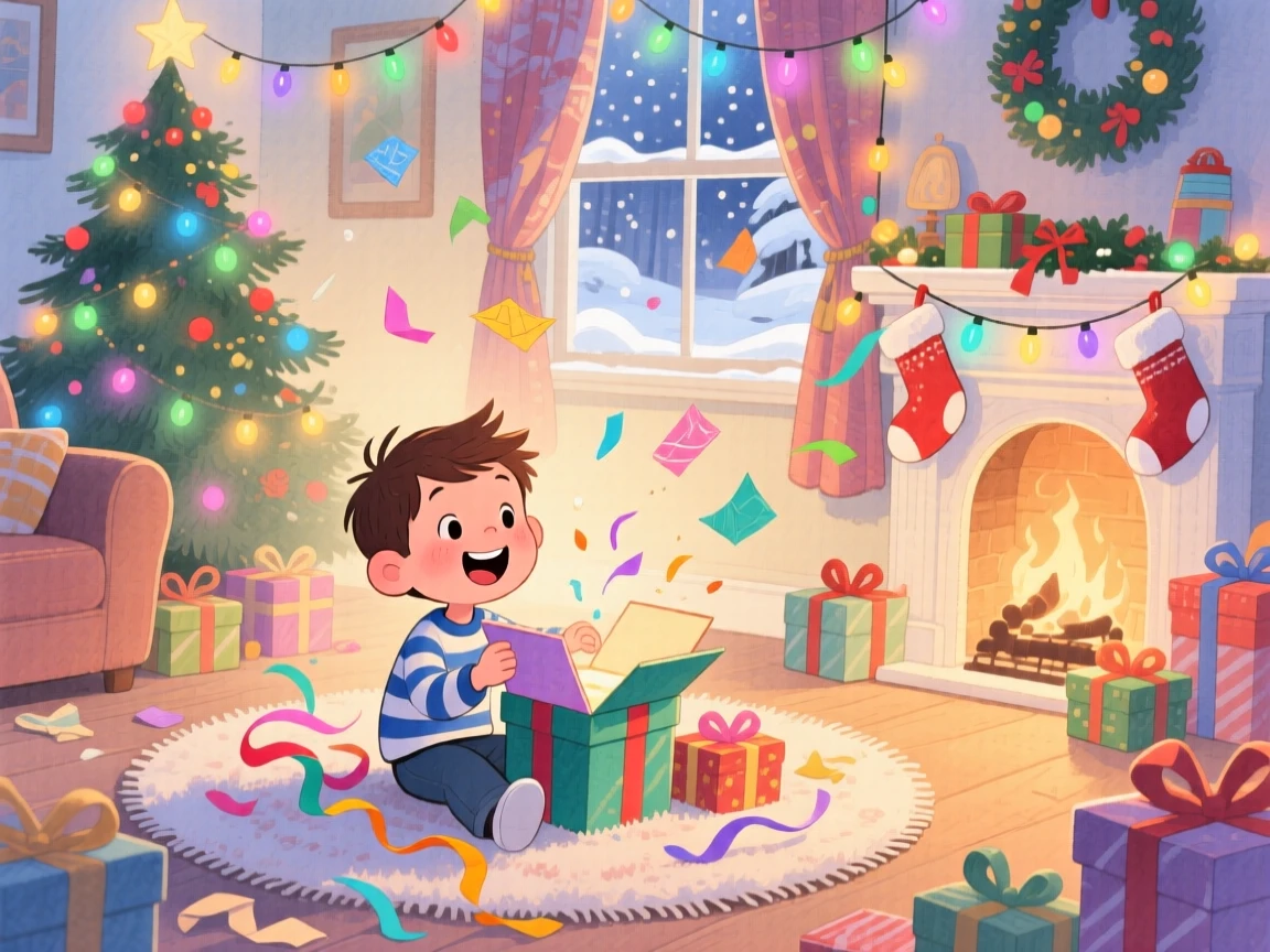 A little boy opening presents on Christmas morning, in a living room bathed in the soft glow of tree lights, with ribbons and paper decorations fluttering in the breeze, evoking pure holiday wonder and excitement.