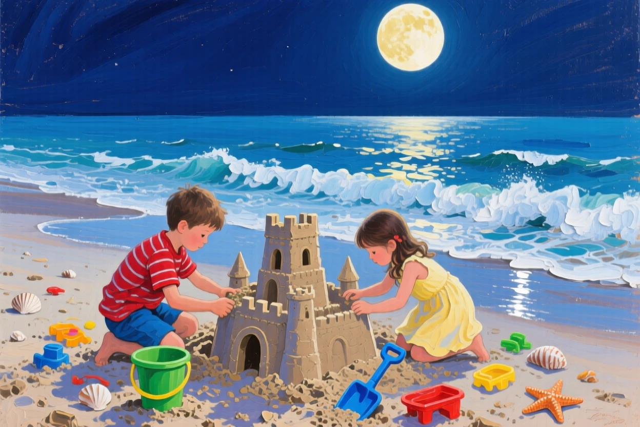 children building a sandcastle near gentle waves, under a full moon, with layered visual detail from foreground to horizon.
