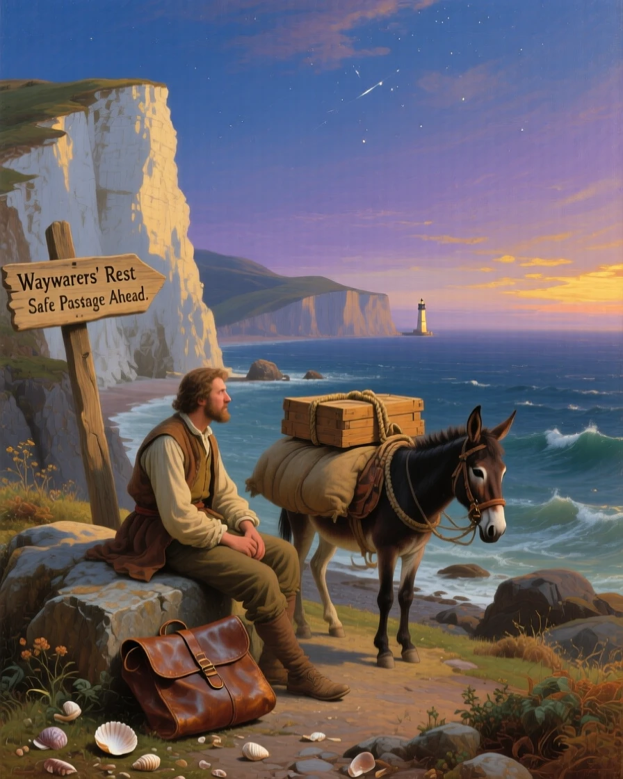 A merchant and his mule rests near a rugged coastline of chalk cliffs as evening shadows lengthen.