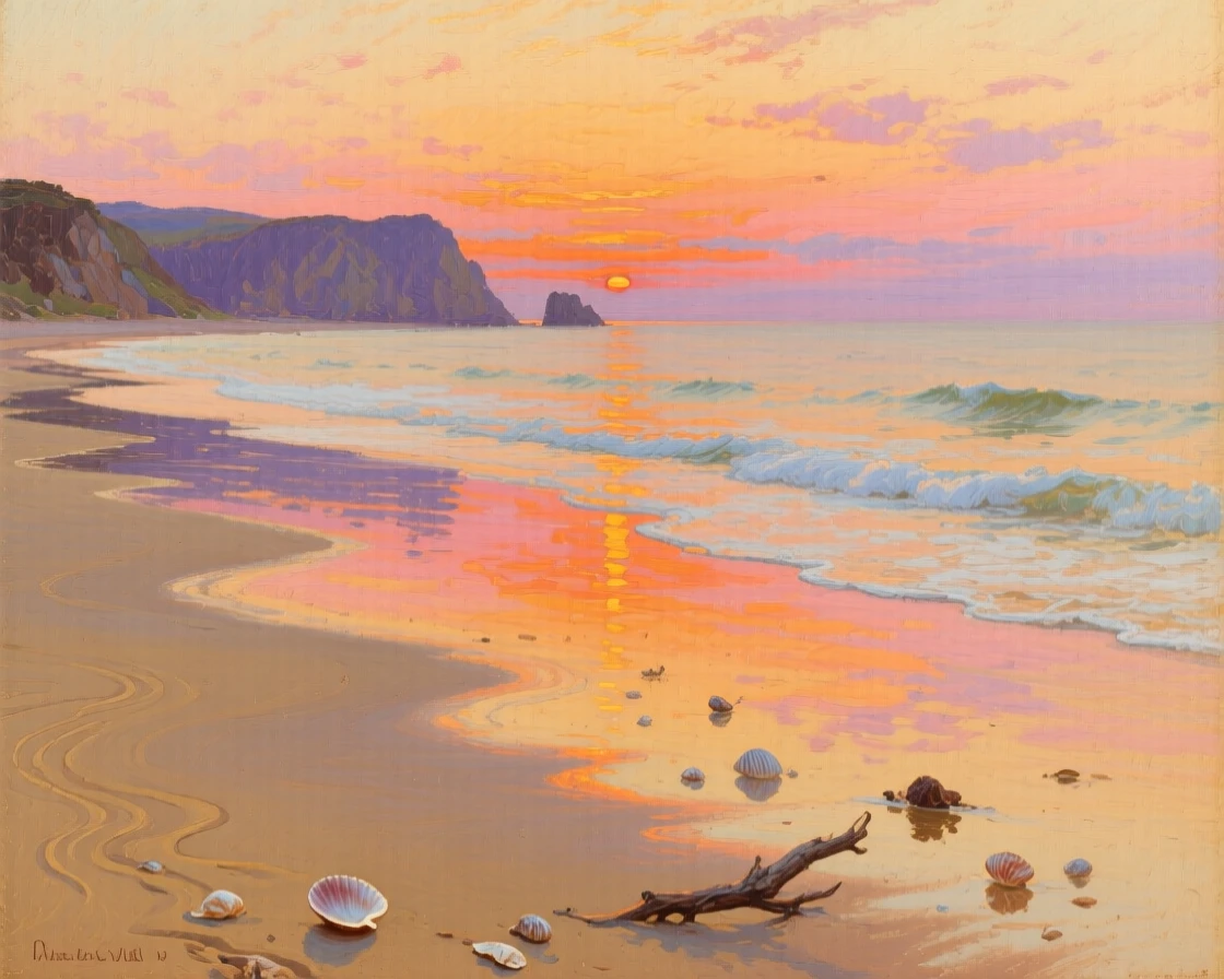 A coastal sunset with gentle waves receding over golden sand, with reflections doubling the beauty of the landscape, offering a moment of stillness amid overwhelming natural beauty