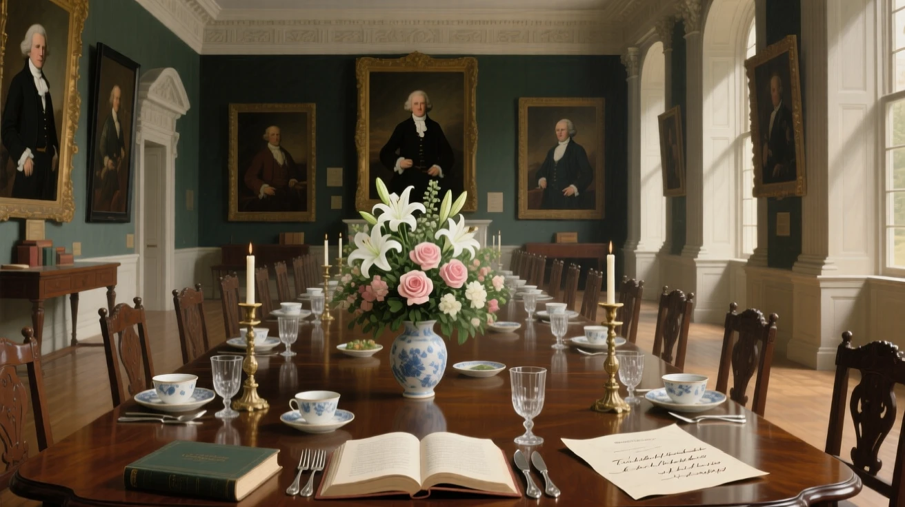 A stately dining hall with a long table set beneath ancestral portraits resonating with the faint echo of distant footsteps, set inside a grand academy of art and learning, with fresh flowers, open books, and half-finished correspondence scattered about; a central vanishing point draws the viewer deep into the grand space, filled with hushed splendor and architectural harmony.