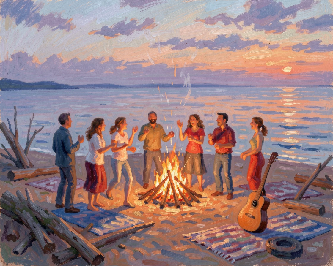 A community bonfire celebration on a beach at dusk, friends gathered around with music and laughter.