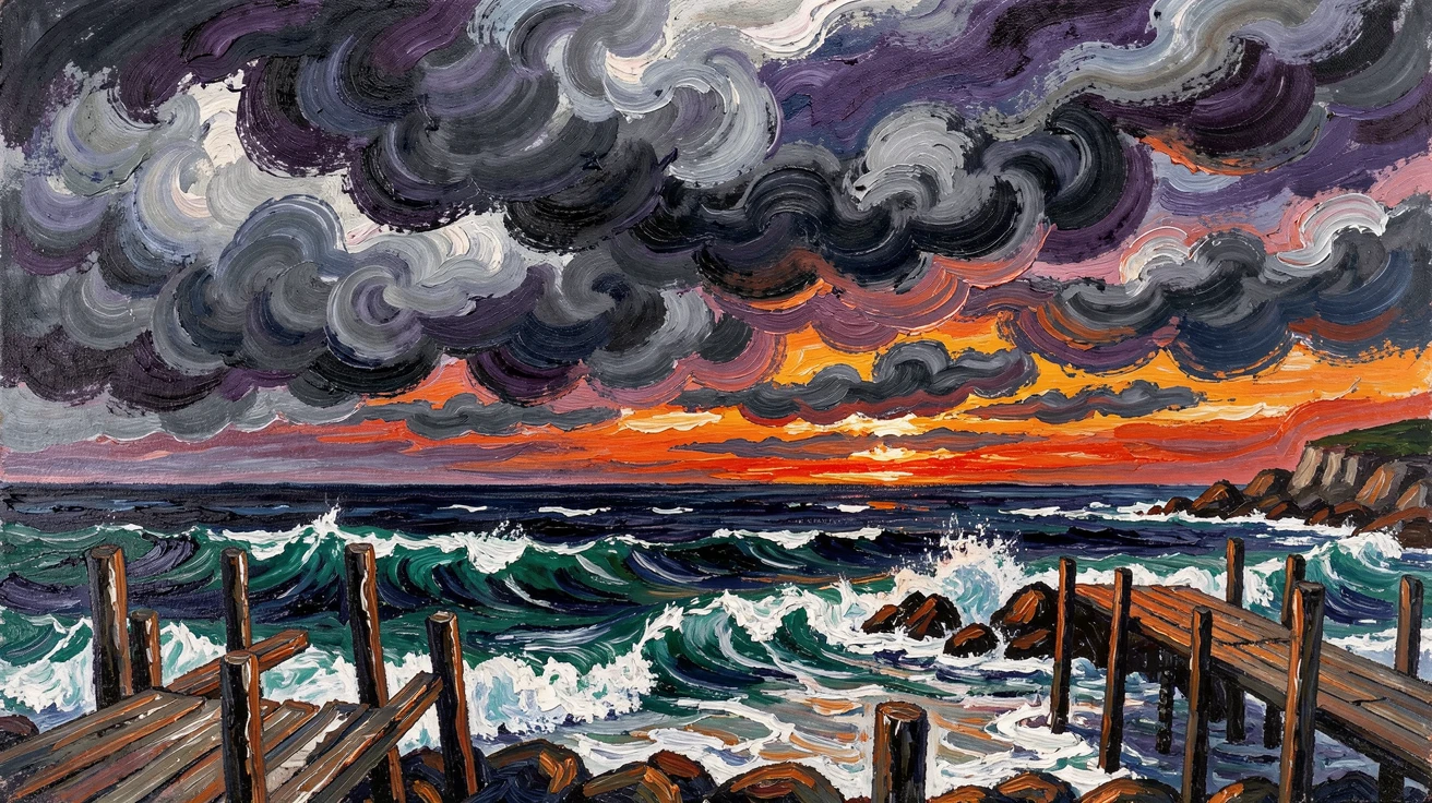 A coastal storm approaching over the ocean, dramatic clouds building on the horizon.