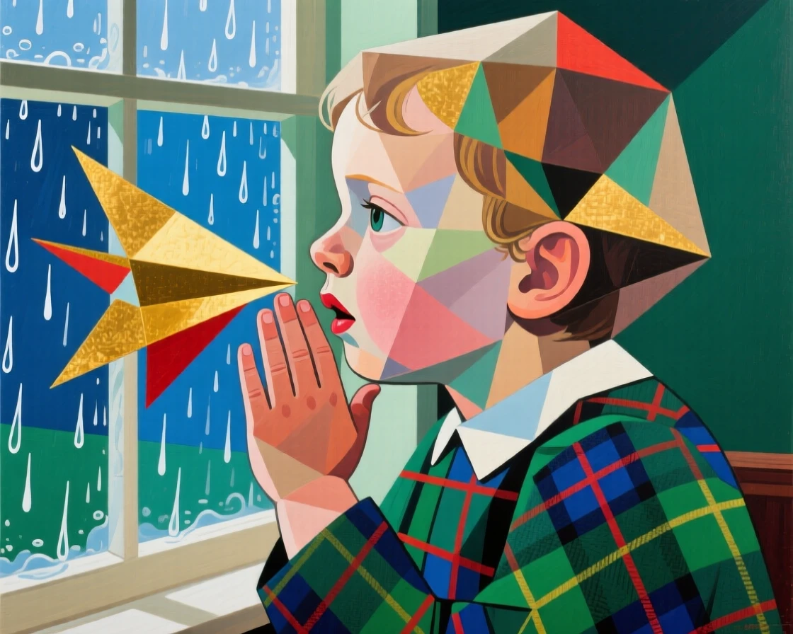 A tender close-up study of a toddler of Scottish heritage whispering a secret, beside a rain-streaked window.