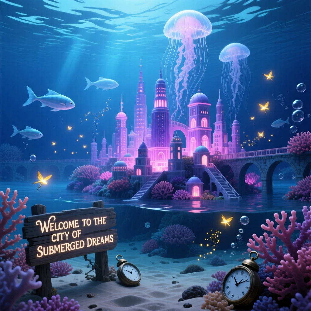 An underwater forest of coral shaped like miniature cities glows softly from within as night settles over it, as fireflies drift like scattered stars through the air.