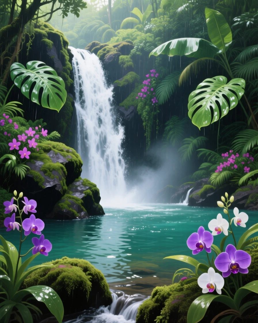 A rainforest waterfall in Hawaii tumbles into a clear pool surrounded by giant tropical leaves, wild orchids blooming along the mossy rock walls, mist drifting gently upward, the composition balancing a wide sweeping view with intimate, carefully observed foreground detail.