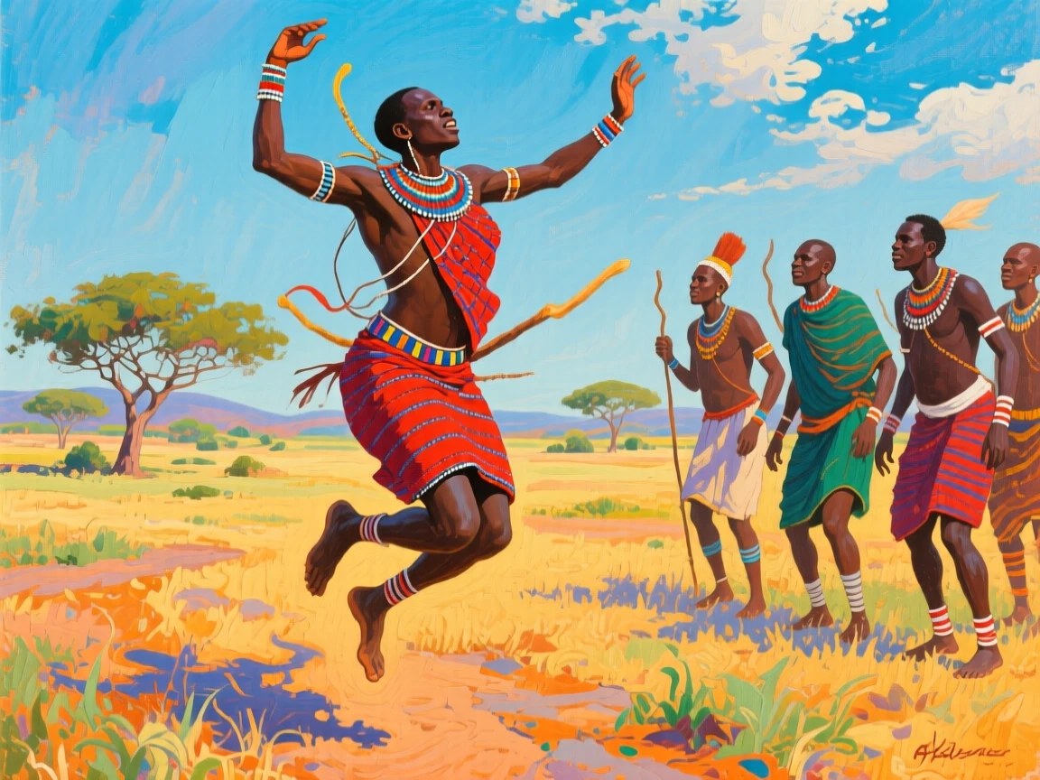 A traditional Maasai warrior performing a jumping dance beside fellow tribesmen on the African plains