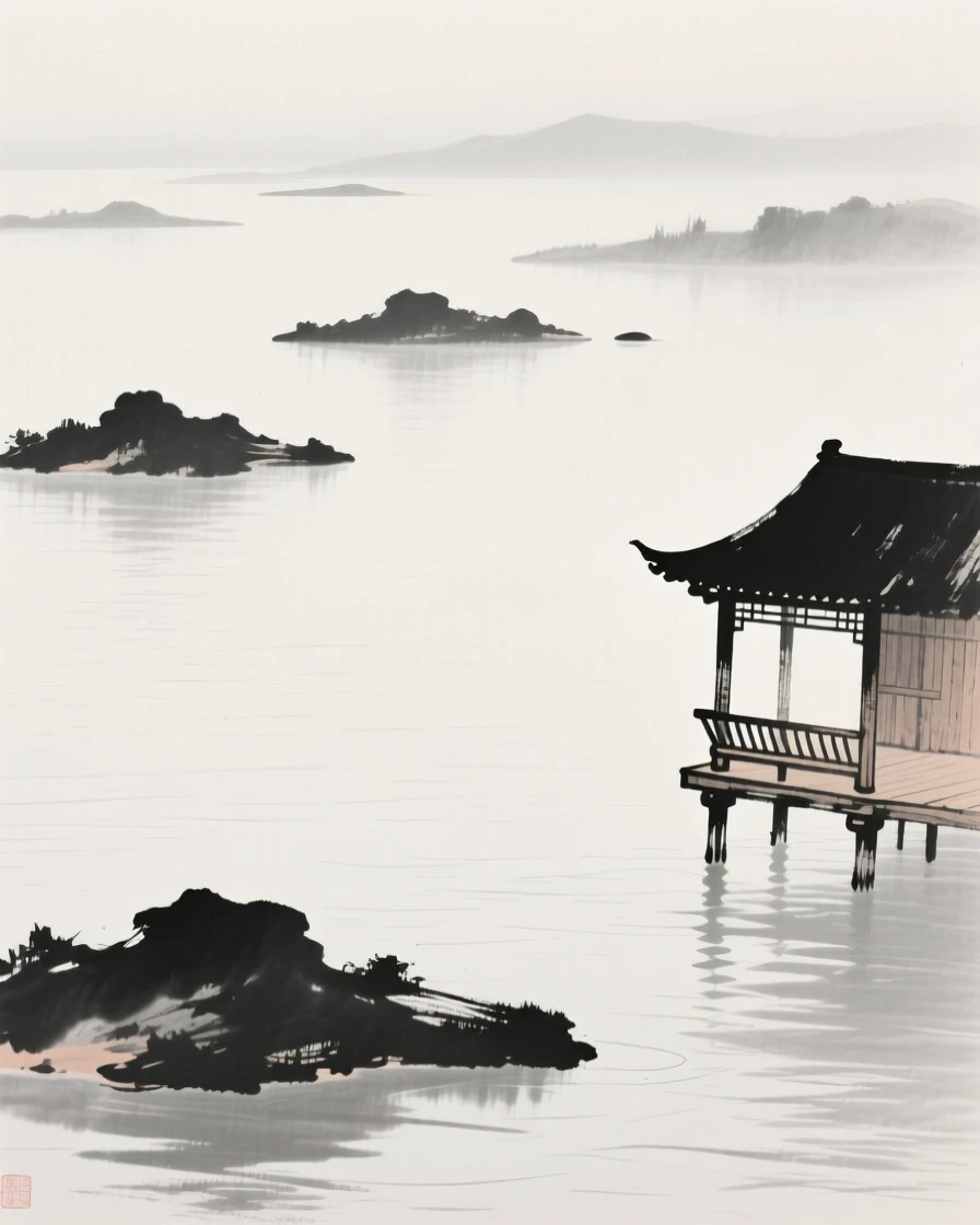 a wide lake dotted with small islands, with a wooden pavilion built out over the water on stilts.