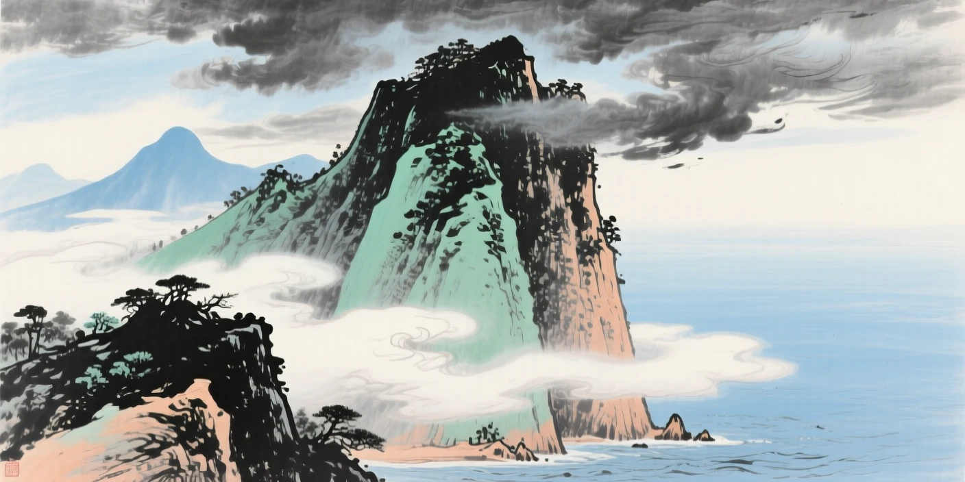 A mountain of the immortals rising from a sea of drifting clouds, beneath low hanging clouds.