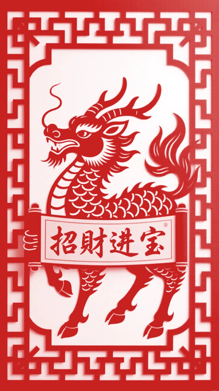 A qilin bearing a scroll, framed by a symmetrical lattice of key-fret patterns, a design meant to welcome abundance into the home.