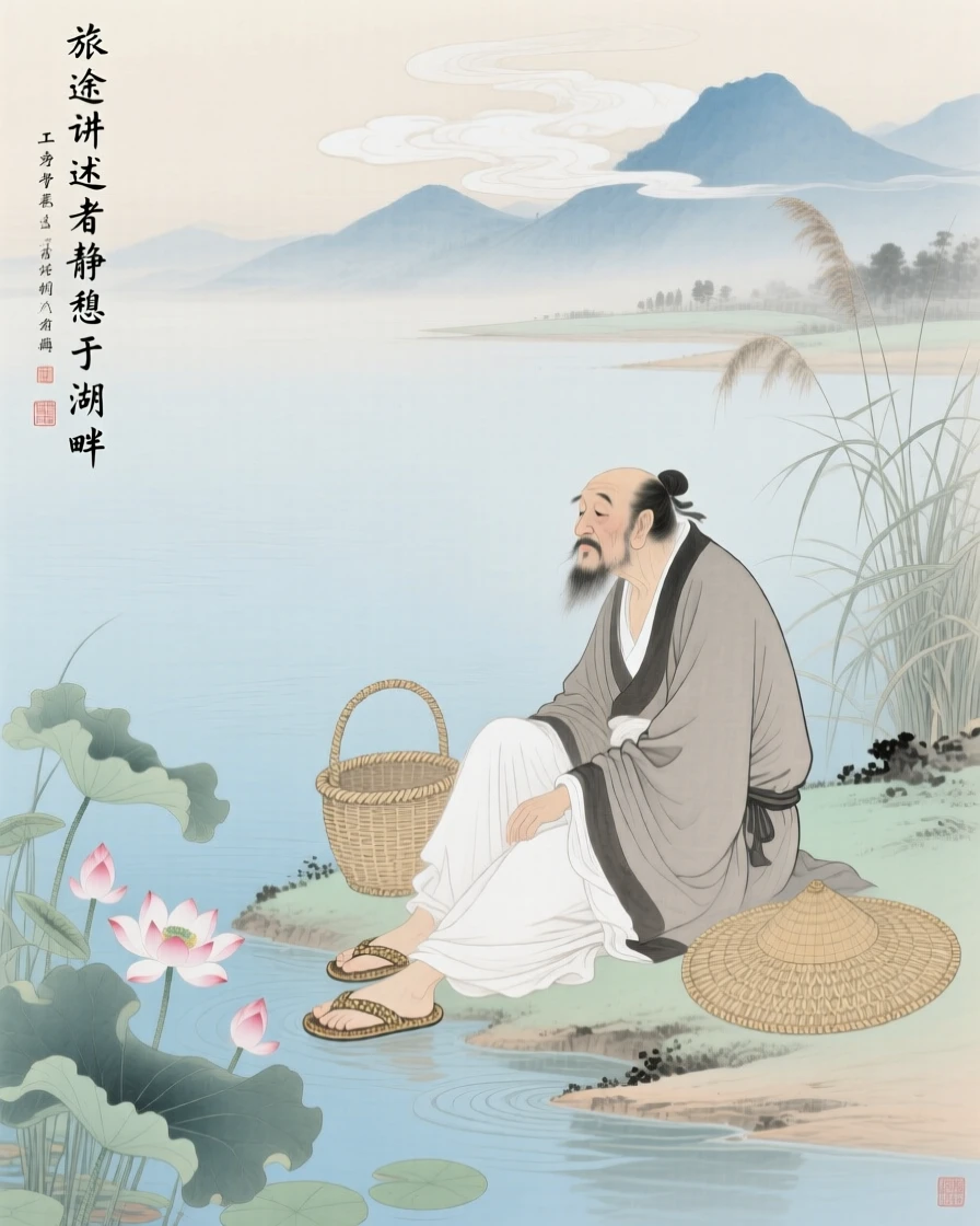 A traveling storyteller resting after a long day's journey at the edge of a quiet lake