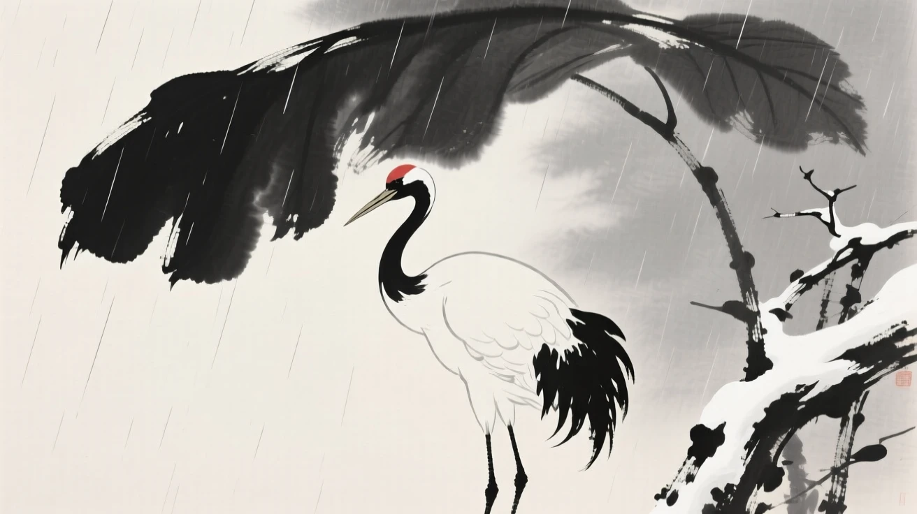 A crane sheltering beneath broad leaves during rain beside a snow-covered branch, silhouetted softly against the fading light, capturing a fleeting moment of natural beauty.