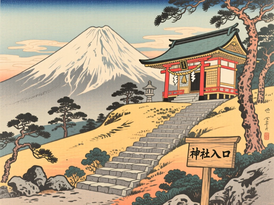 A snow-capped peak, with a winding stone staircase to a hilltop shrine, in golden late-afternoon light.