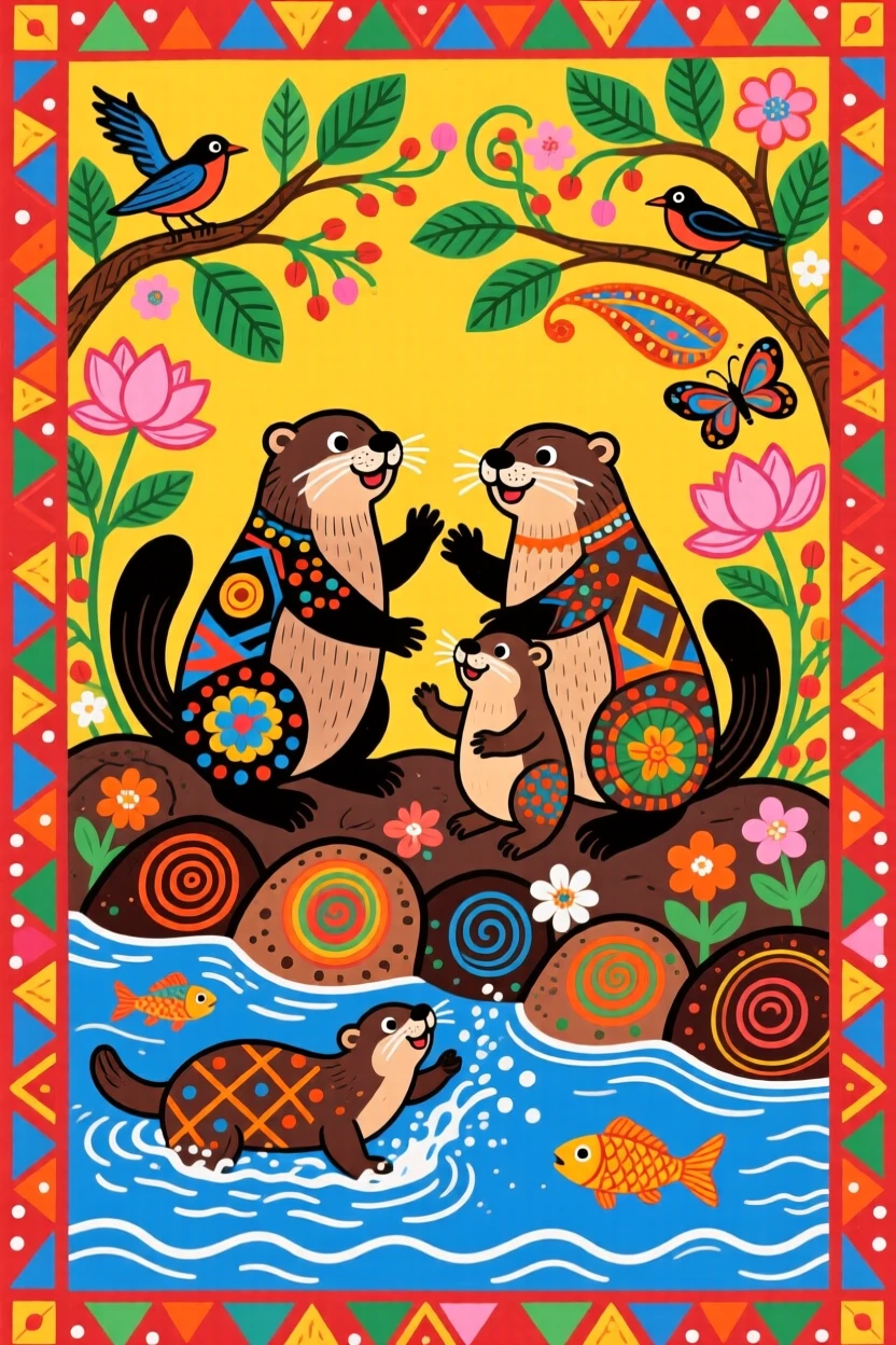A family of otters playing along a rocky riverbank.