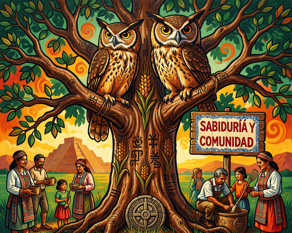 A pair of owls perched together in an old oak tree