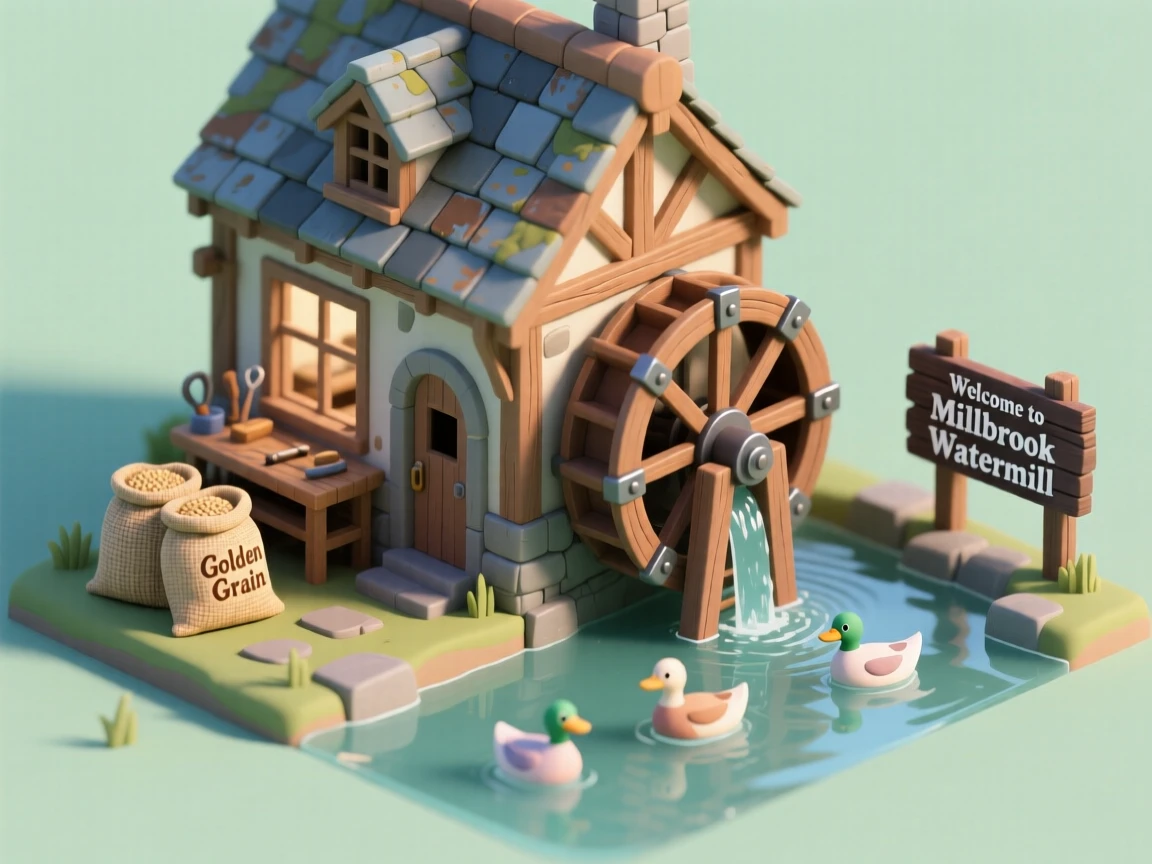 A restored watermill cottage with a turning wheel powering a small workshop inside, sacks of grain stacked by the door, and ducks paddling in the millpond.