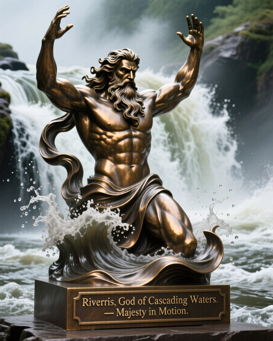 A river god rising from cascading rapids, surrounded by swirling mist and light, radiating awe and grandeur