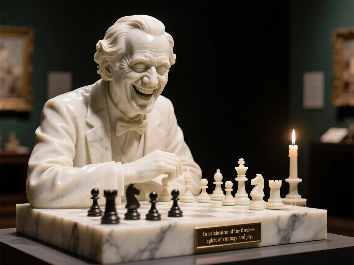 A tender portrait of a chess grandmaster, caught mid-laugh with eyes closed, framed by soft candlelight, evoking warmth and humanity